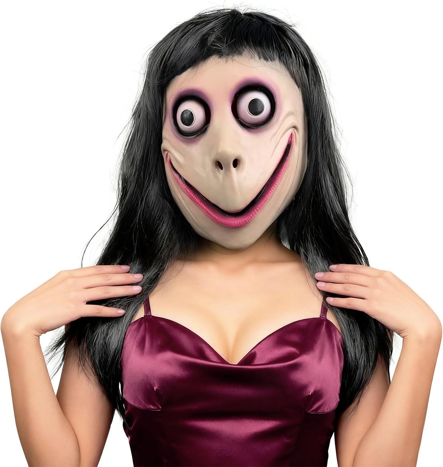 Long Hair MOMO Mask for Women, Scary Role Paly Face Masks with Long Wig for Cosplay Decor Party Props