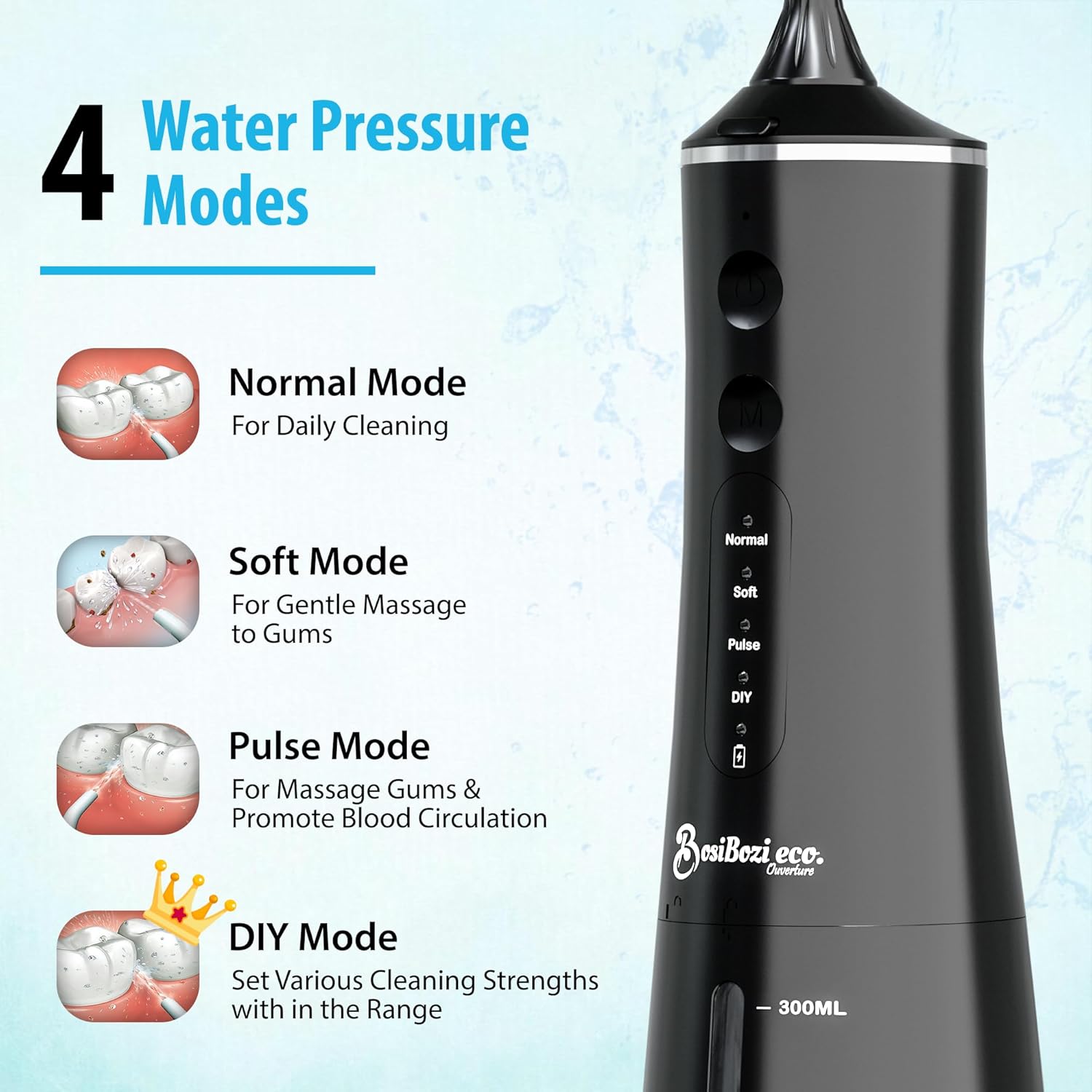 BosiBozi Rechargeable Water Flossers for Teeth, 4 Modes Cordless & Portable Power Dental Flossers 300ML Tank, IPX7 Waterproof Water Flosser, USB-C Charing Cable, 3 Jet Heads, 1 Tongue Scrapper