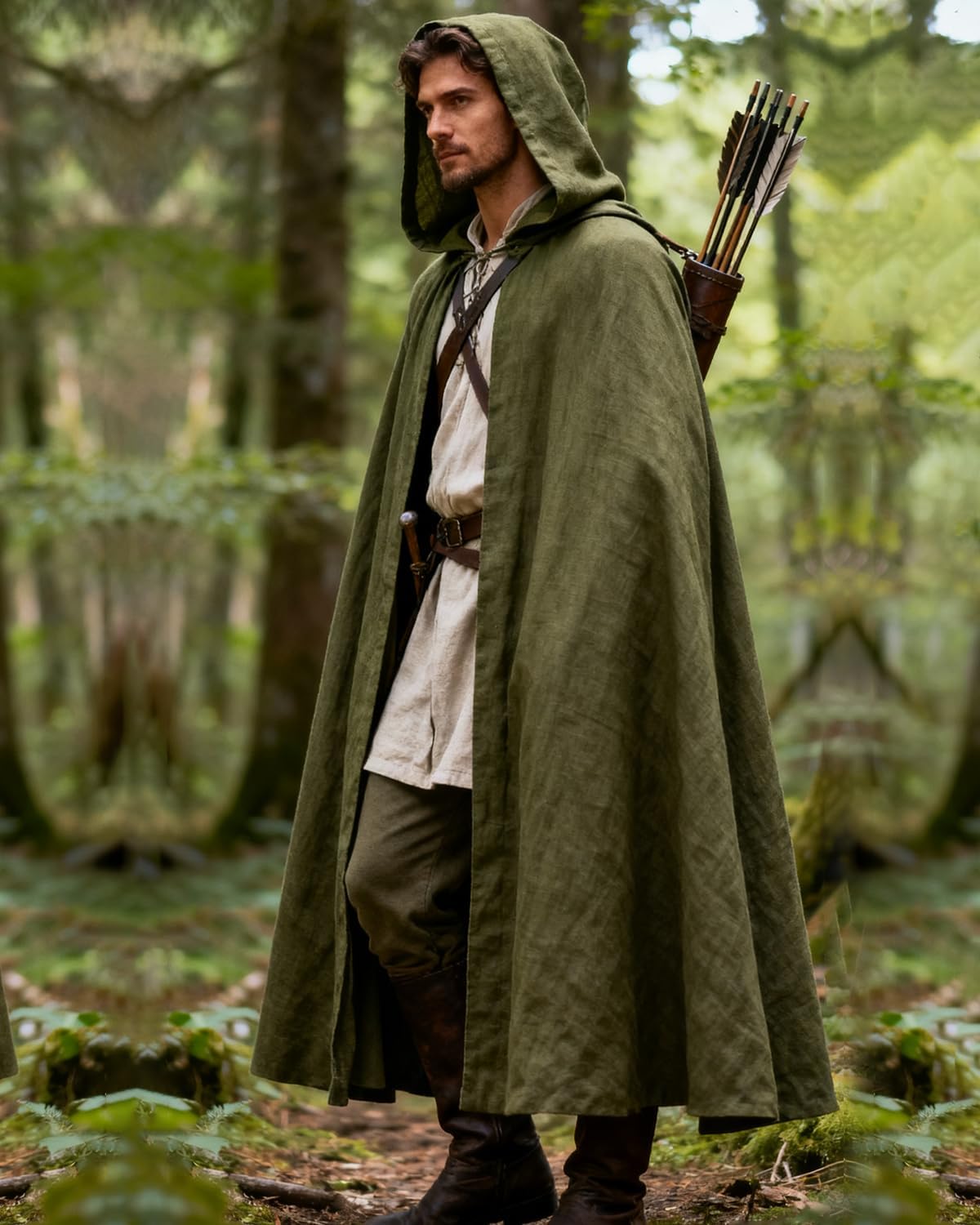 L'VOW Medieval Hooded Cloak Linen Renaissance Cape with Hood - Halloween Hobbit Cosplay Witch Wizard LARP