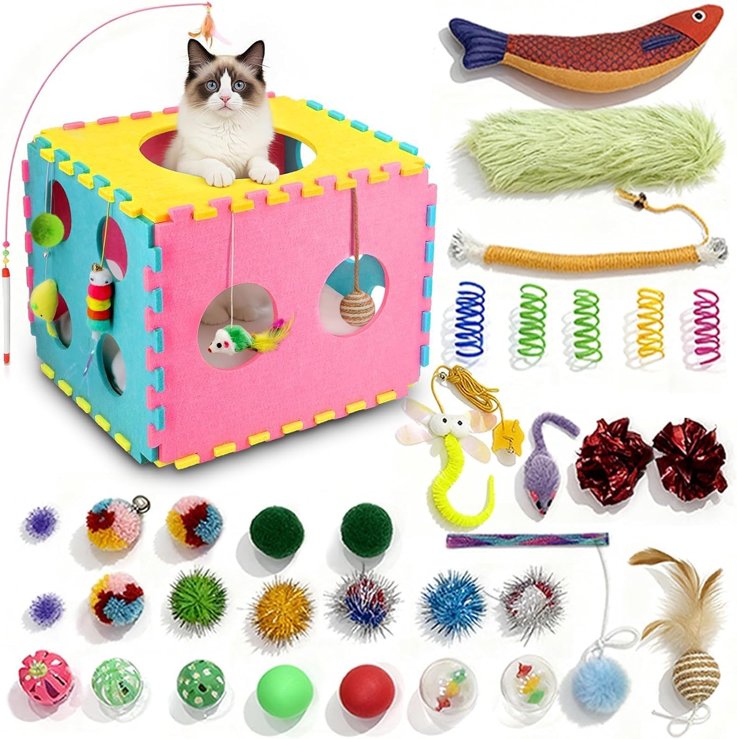 41 Pcs Interactive Cat Toys for Indoor Cats, Kitten Toys with Cute Cat House Bed, Catnip Toys, Chew Rope, Feather Wand, Springs and Balls for Indoor Kittens