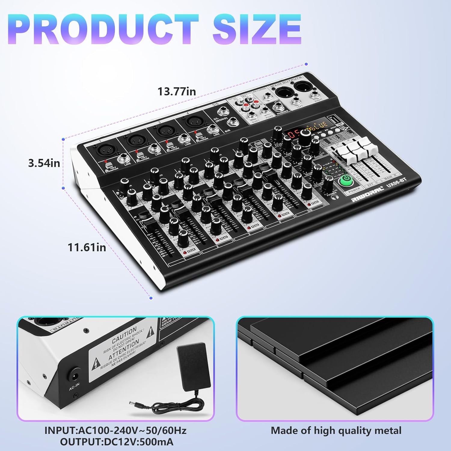 6 Channel Audio Interface Sound Board Mixing Console 16-Bit DSP DJ Mixer Audio Reverb Effect +48V Phantom Bluetooth Studio Audio Mixer For Karaoke Studio Streaming Recording