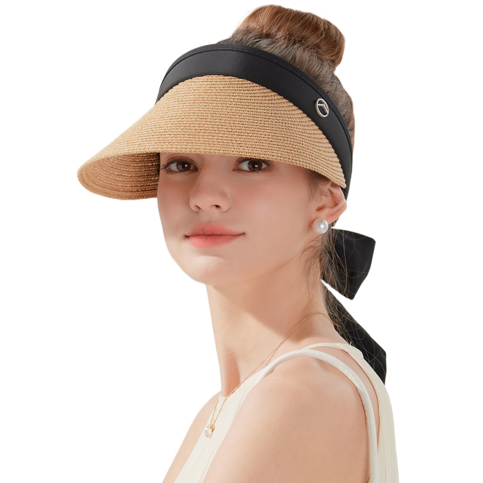 Women's Sun Visor Hats Wide Brim Straw Beach Hat Ponytail Hats for Women Foldable Floppy