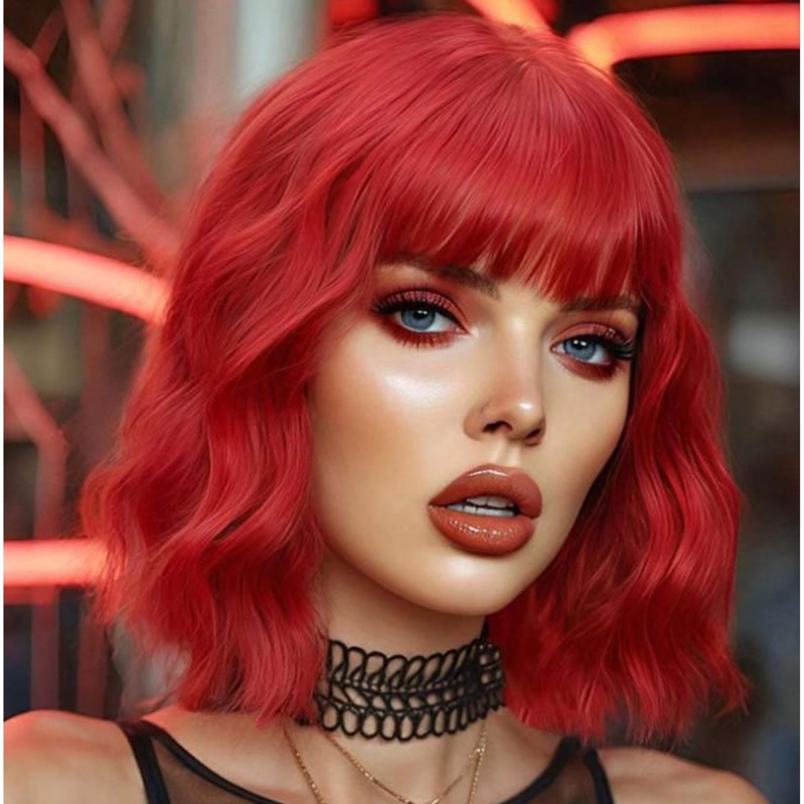 andromeda Purple Wig with Bangs Soft Short Bob Wavy Wigs for Women Synthetic Shoulder Length Women's Curly Wigs for Halloween Costumes Cosplay Daily (Purple)