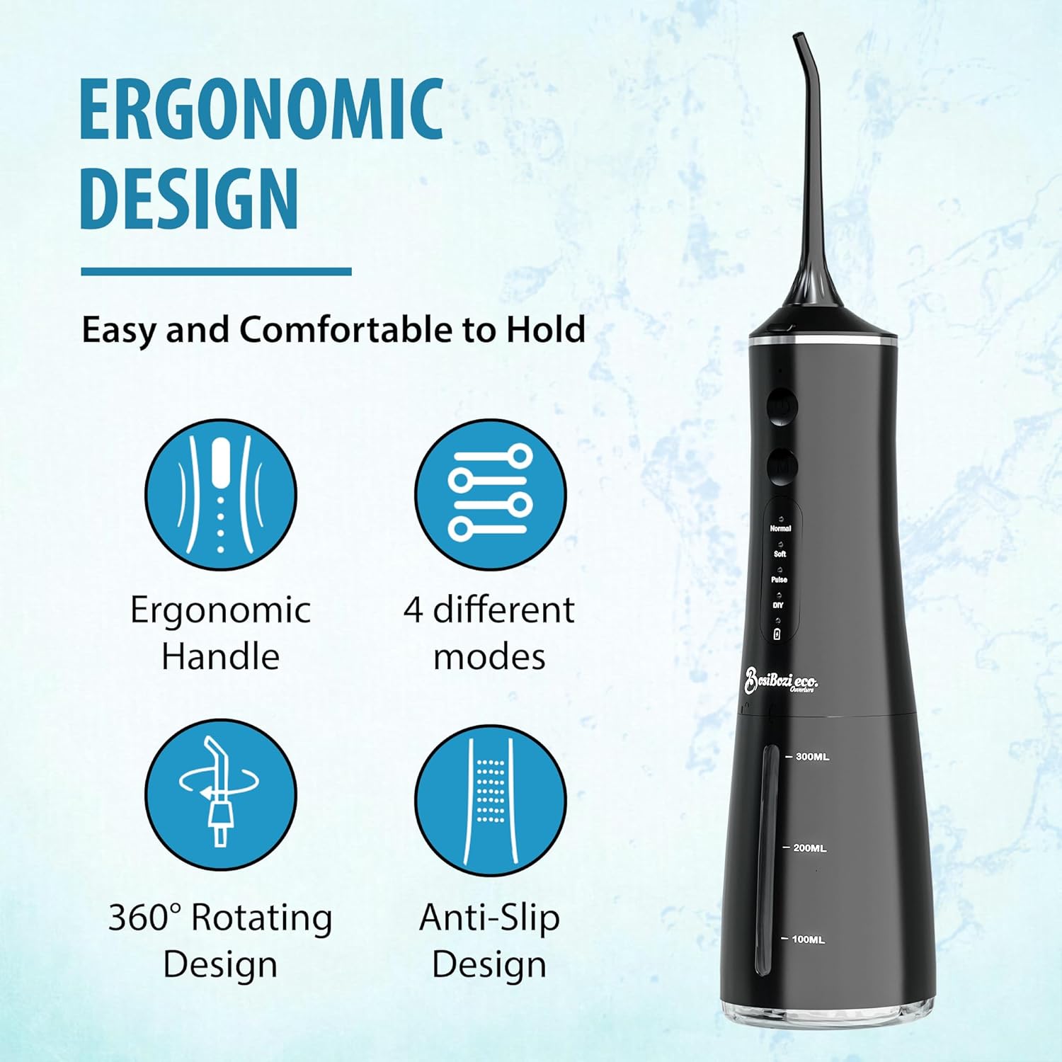 BosiBozi Rechargeable Water Flossers for Teeth, 4 Modes Cordless & Portable Power Dental Flossers 300ML Tank, IPX7 Waterproof Water Flosser, USB-C Charing Cable, 3 Jet Heads, 1 Tongue Scrapper