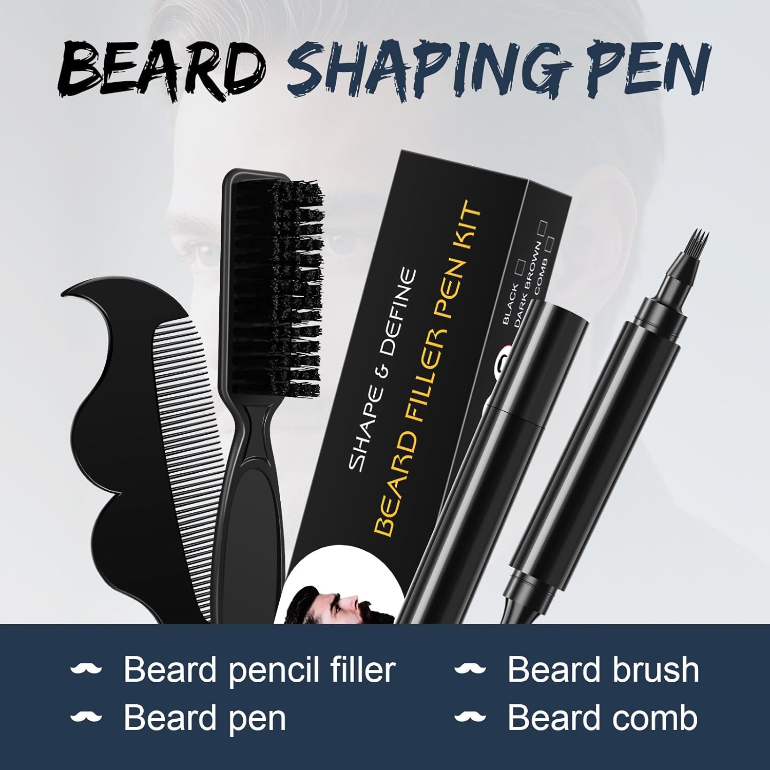Beard Pen - Beard Pencil Filler for Men Black, Barber Pencil with Beard Brush & Comb, Dual-Head Beard Filler with 4-Fork-Tip Waterproof Mens Grooming Kits Gifts for Men, Mens Gifts Ideas (Dark Brown)
