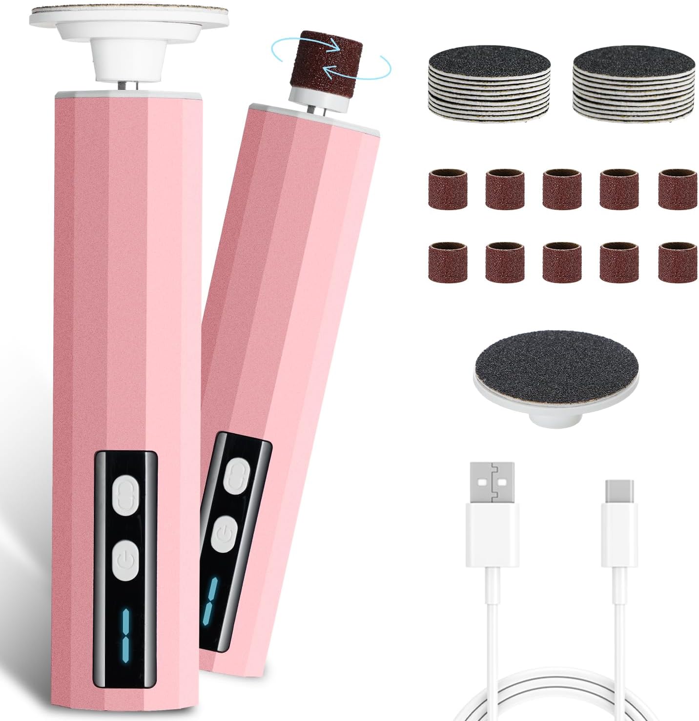 Electric Foot Callus Removers Rechargeable - Electric Foot File with 9 Adjustable Speed, 2 Grinding Heads & 30 Pcs Sandpaper Discs,Professional Foot Sander for Feet Dead Skin and Calluse (Pink)