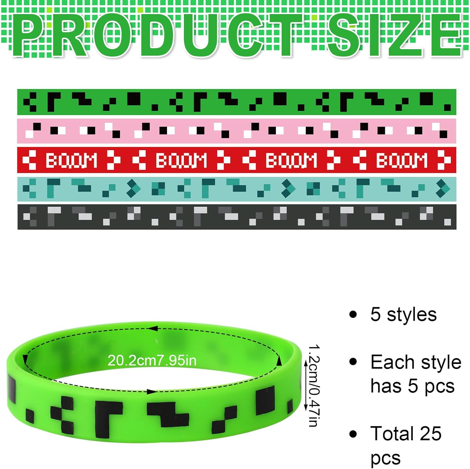 25pcs Pixel Silicone Bracelets, 5 Styles Pixel Theme Party Favors Gaming Themed Birthday Party Supplies Video Game Wristbands for Kids Teens Adults