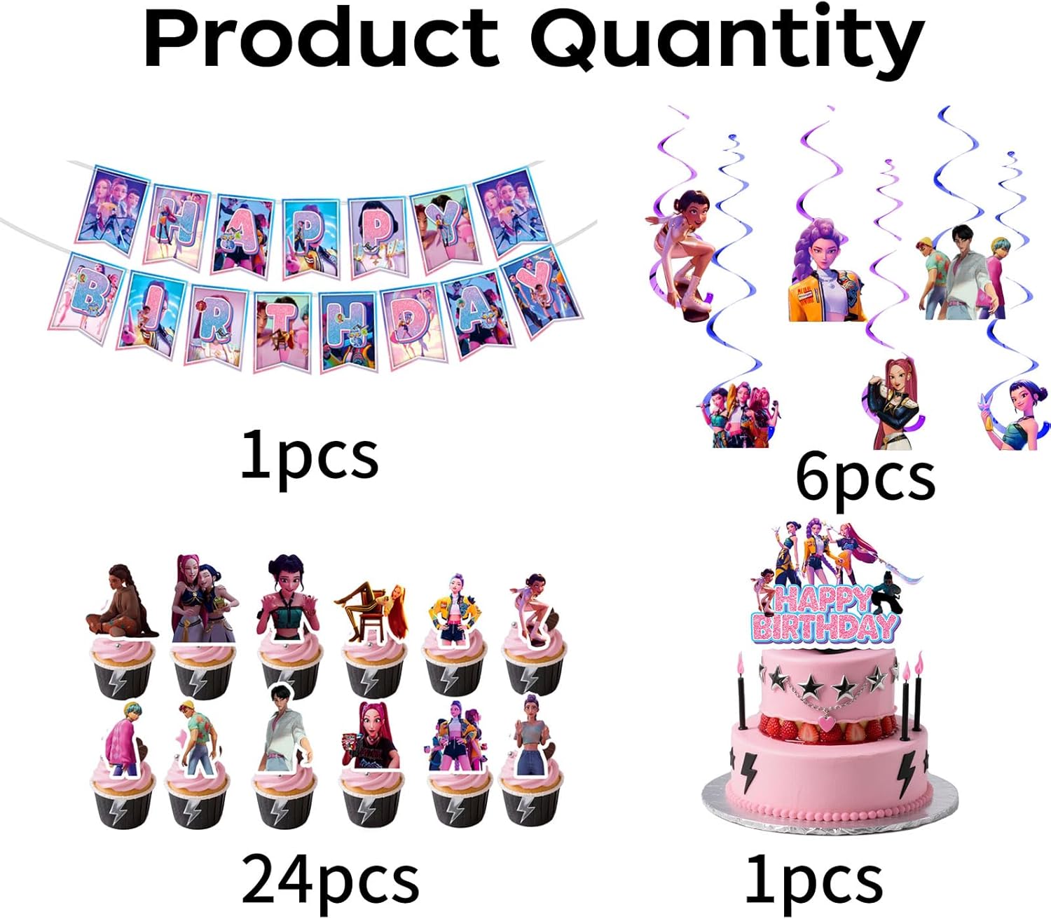 Anime Party Decorations, Cartoon Happy Birthday Decorations, K-pop Banner Suit, Includes Banners, Cake Toppers, Hanging, and Dessert Toppers