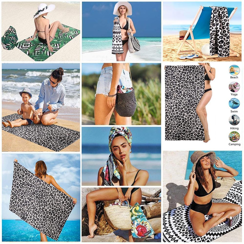 Extra Large Cute Black Leopard Beach Towels for Adult Girls, Big Oversized Thick Cheetah Print Microfiber Terry Cloth Sandproof Quick Dry 30 x 60