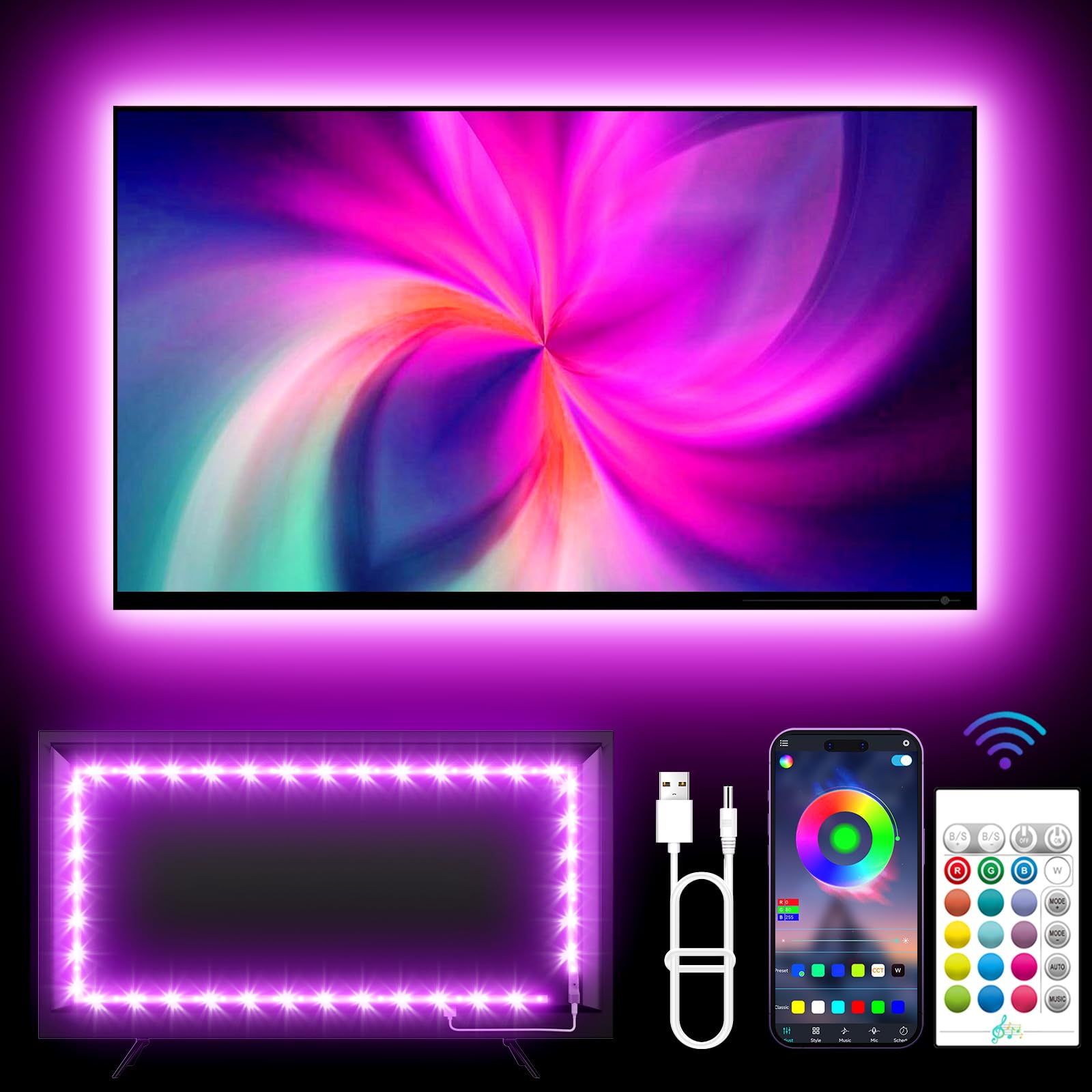 TV LED Lights, 11.5ft LED Lights for 32-55 Inch TV, RGB TV Backlight Behind with Remote, Music Sync Bluetooth APP Control Strip Lights USB Powered for Bedroom, PC, Gaming Monitor