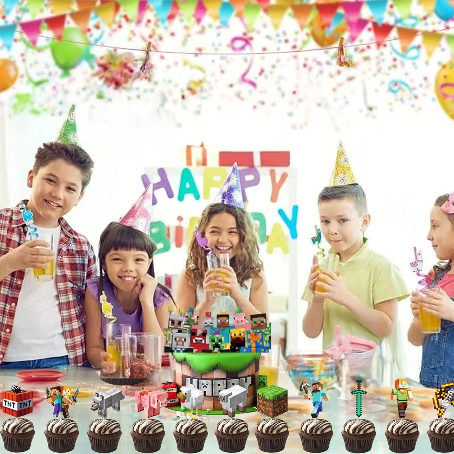 25 Pcs Pixel Styled Gamer Cake Decorations, Happy Birthday Cake Topper, Party Supplies for Boys & Girls