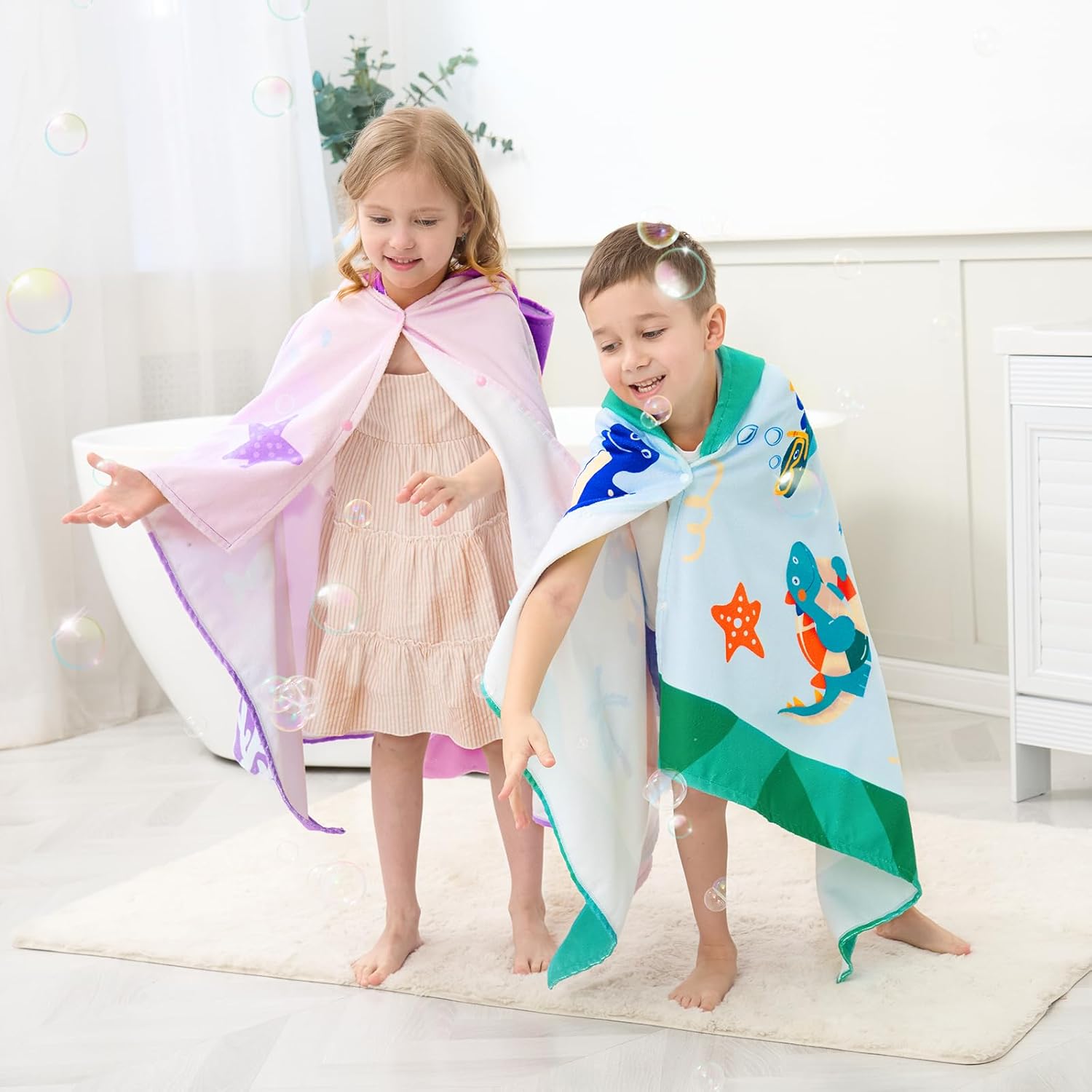 UOMNY Kids Beach Towels-Hooded Towels for Kids,Kids Hooded Bath Towel 30" x 50" for 3-10 Years,Pool Ponchos for Kids with Hood,Boys Beach Towel,Green Dinosaur