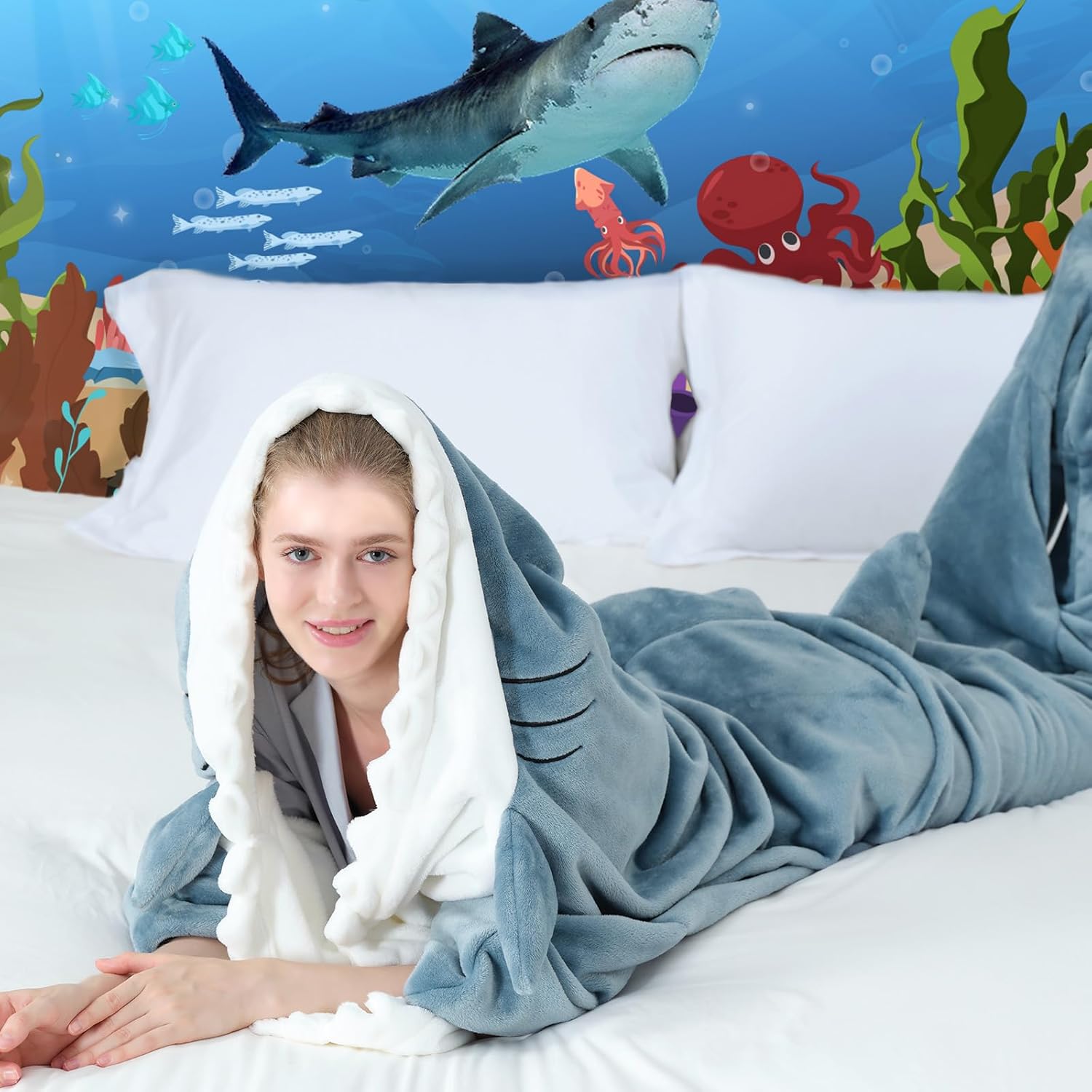 Touchat Shark Blanket for Adult & Kids Super Soft Cozy Flannel Throw Wearable Blanket, Cartoon Animals Shark Onesie Hoodie, Sleeping Bag Cosplay Shark Costume Blanket Gifts for Shark Lovers (Blue,M)