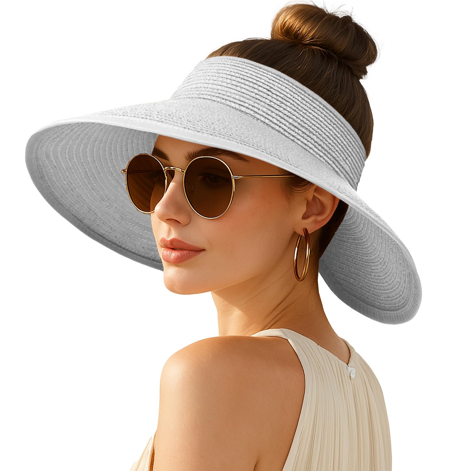 Women's Sun Visor Hats Wide Brim Straw Beach Hat Ponytail Hats for Women Foldable Floppy