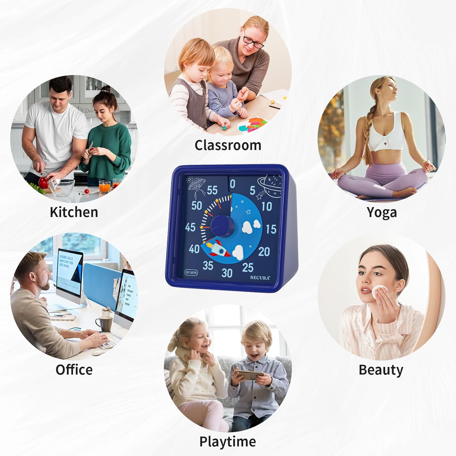 Secura 60-Minute Visual Timer for Kids, Time Clocks, Countdown Timer for Office Kitchen, Classroom Timer for Kids, Silent Time Management Tool (Navy Blue & Navy Blue)