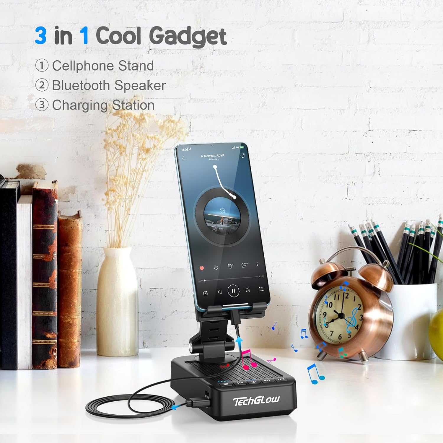 TechGlow Foldable Cellphone Stand with Bluetooth Speaker Charging Function 360° Rotatable Phone Stand Birthday Gifts for Men Women Mother Father Cool Tech Gadgets