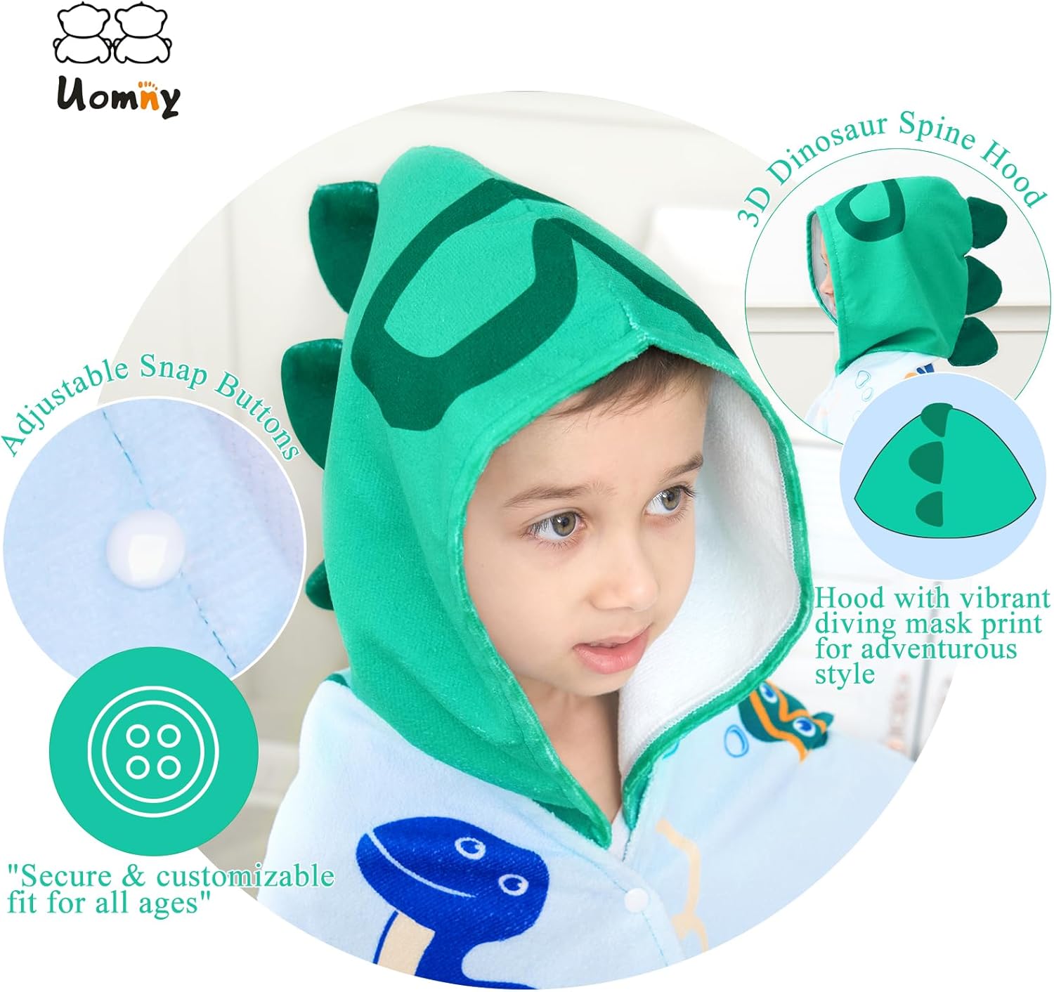 UOMNY Kids Beach Towels-Hooded Towels for Kids,Kids Hooded Bath Towel 30" x 50" for 3-10 Years,Pool Ponchos for Kids with Hood,Boys Beach Towel,Green Dinosaur