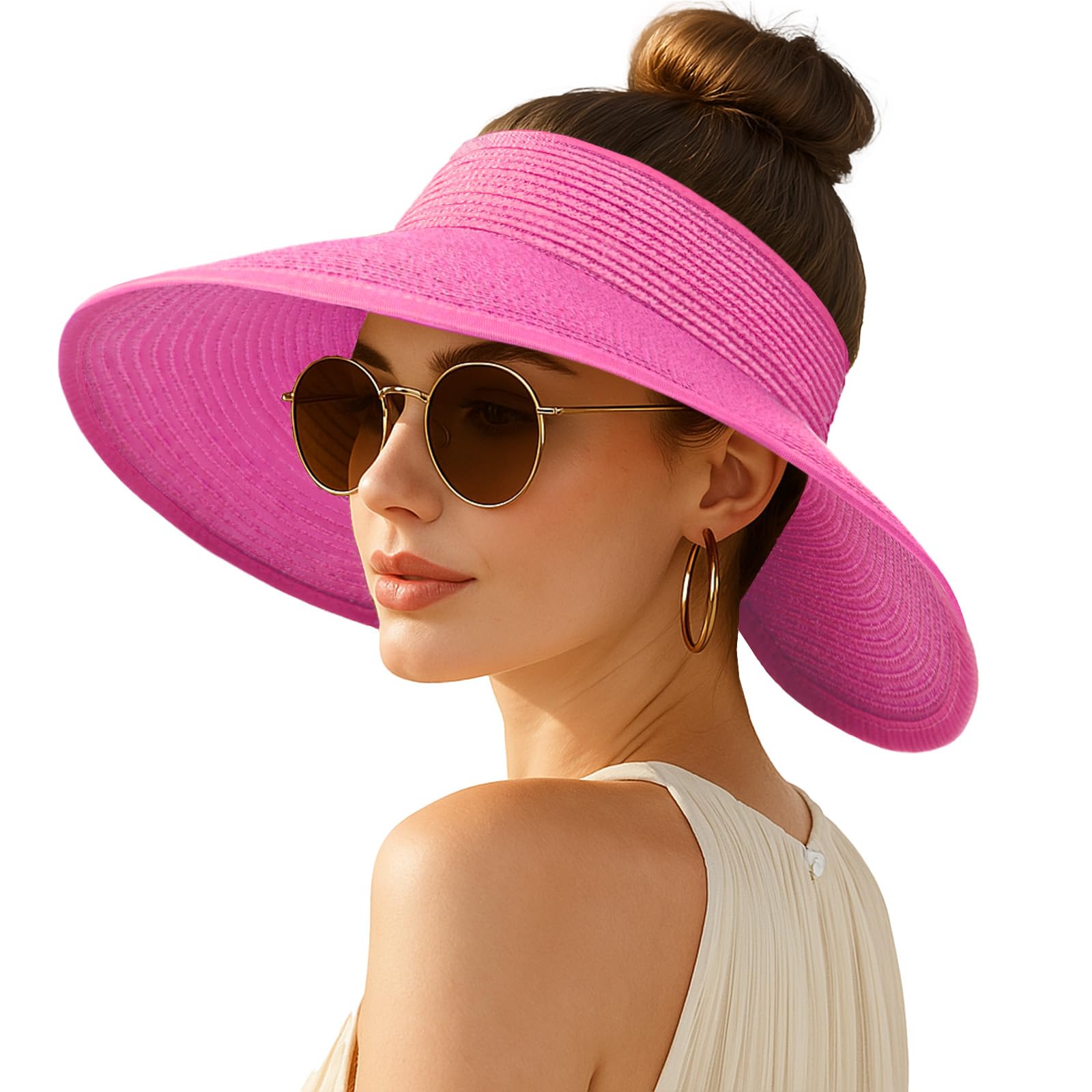 Women's Sun Visor Hats Wide Brim Straw Beach Hat Ponytail Hats for Women Foldable Floppy