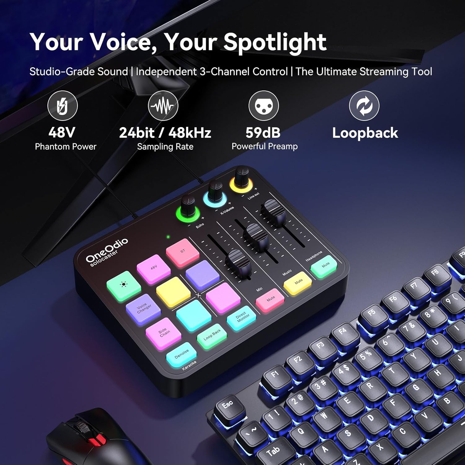 OneOdio Solocaster Gaming Audio Mixer - 5 Channel Interface with 48V Phantom Power, Bluetooth, RGB Lighting, 3.5mm/XLR/USB C, for Streaming/Podcast/Karaoke on PC, Mac, Mobile