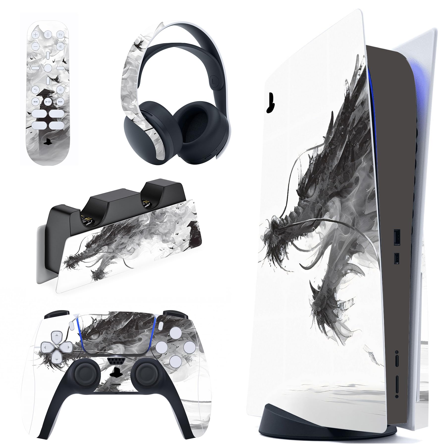 PlayVital Full Set Skin Decal for ps5 Console Disc Edition, Vinyl Sticker Decal Cover for ps5 Controller & Charging Station & Headset & Media Remote - Dragon's Elysium