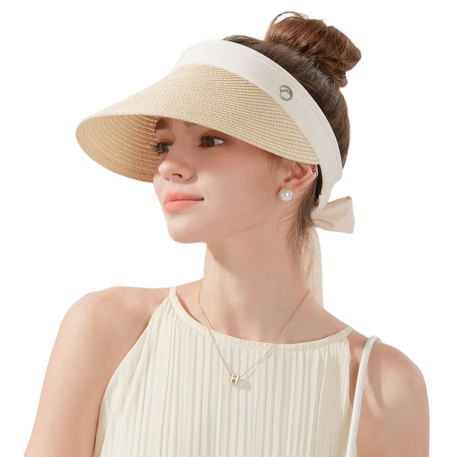Women's Sun Visor Hats Wide Brim Straw Beach Hat Ponytail Hats for Women Foldable Floppy