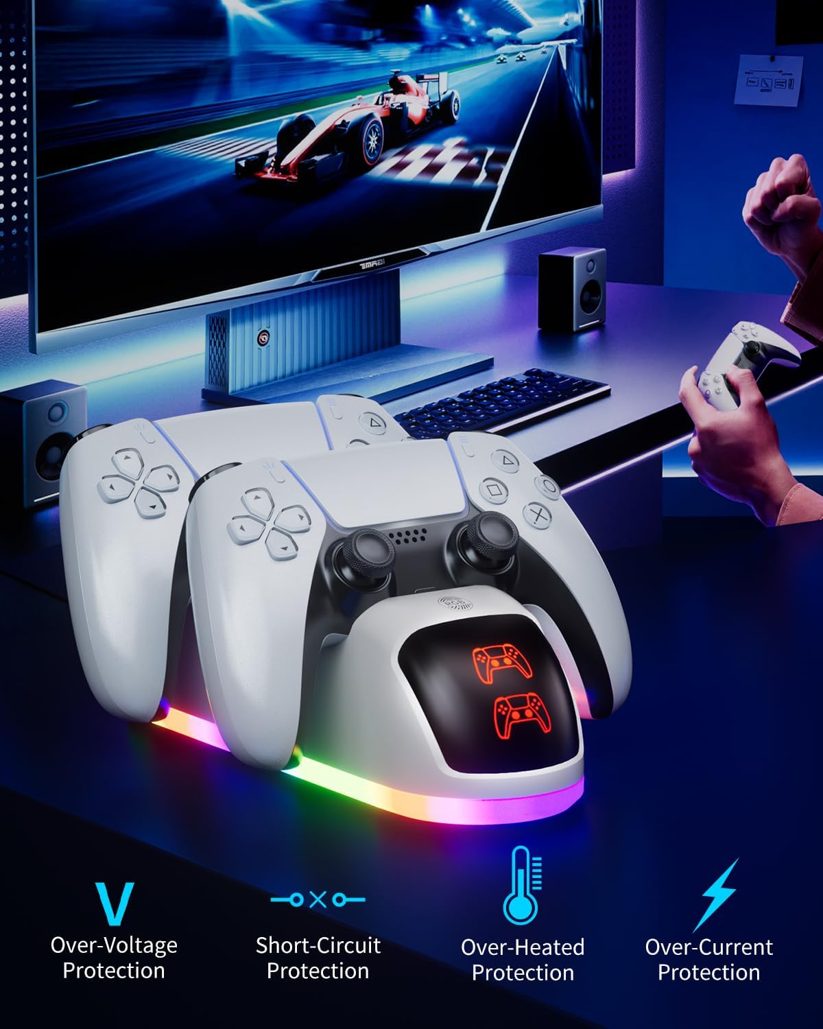 PS5 Controller Charger Station，2025 Upgrade Version with 10 LED Mode & RGB Button, Safe Fast Charging and Overcharge Protection Dock for Dualsense PlayStation 5 Controllers