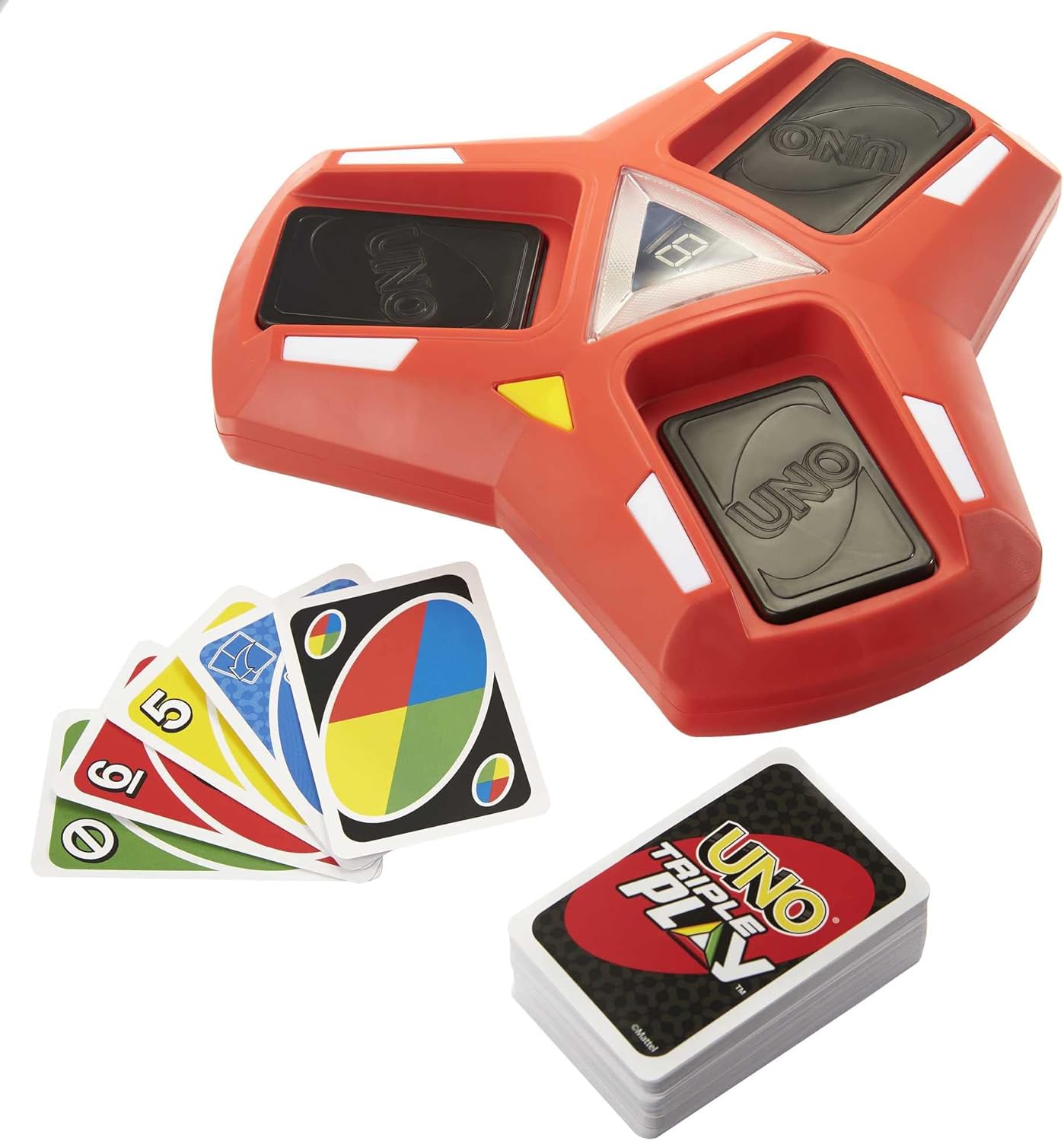 UNO Triple Play Card Game with Card-Holder Unit with Lights & Sounds & 112 Cards, Kid, Teen & Adult Game Night Gift Ages 7 Years & Older, HCC21