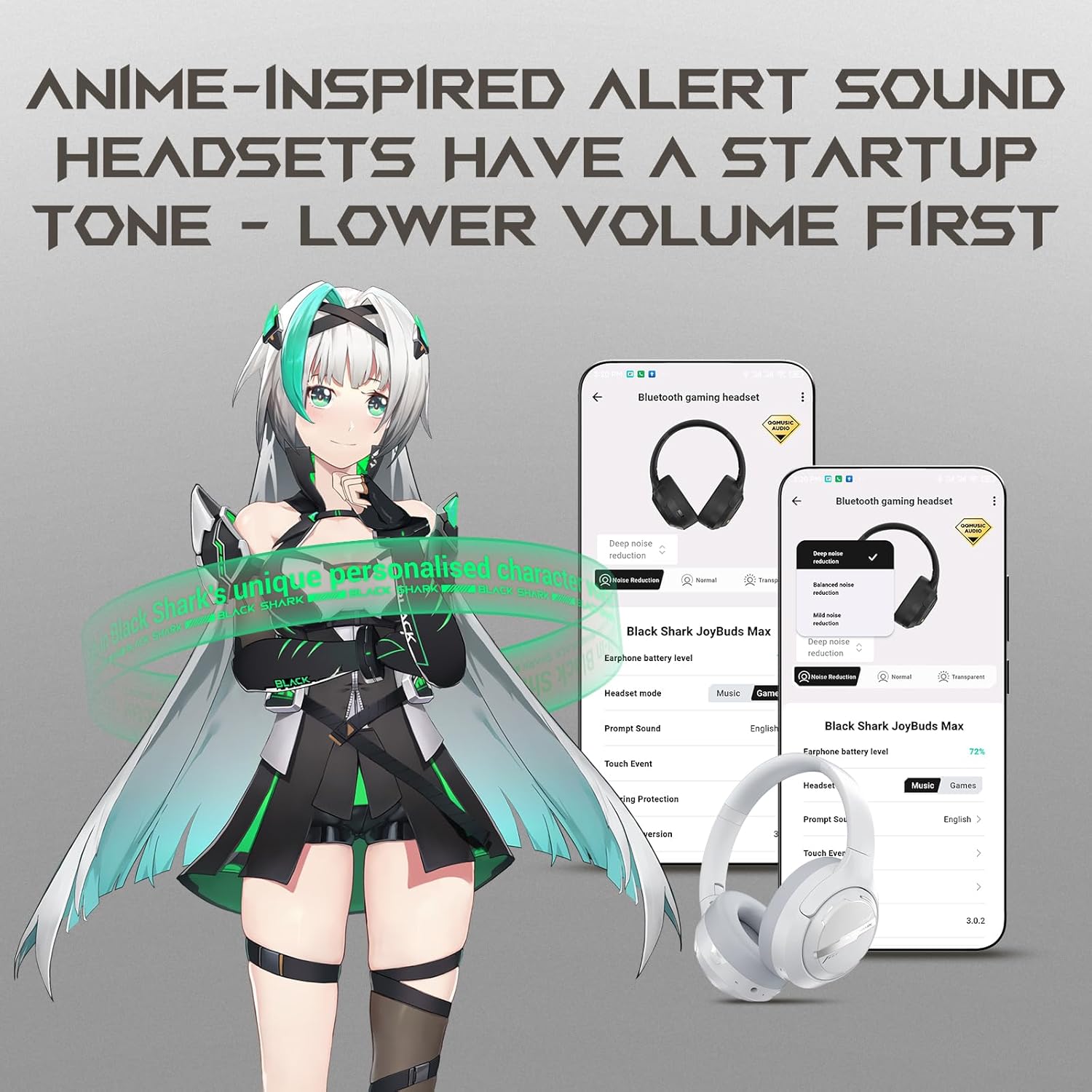 Black Shark JoyBuds Max Active Noise Cancelling Headphones, 50H Playtime Wireless Over Ear Headphones with Microphone, Bluetooth 5.4 Gaming Headsets Comfort Fit Ear Cups, 6EQ Modes via APP (White)