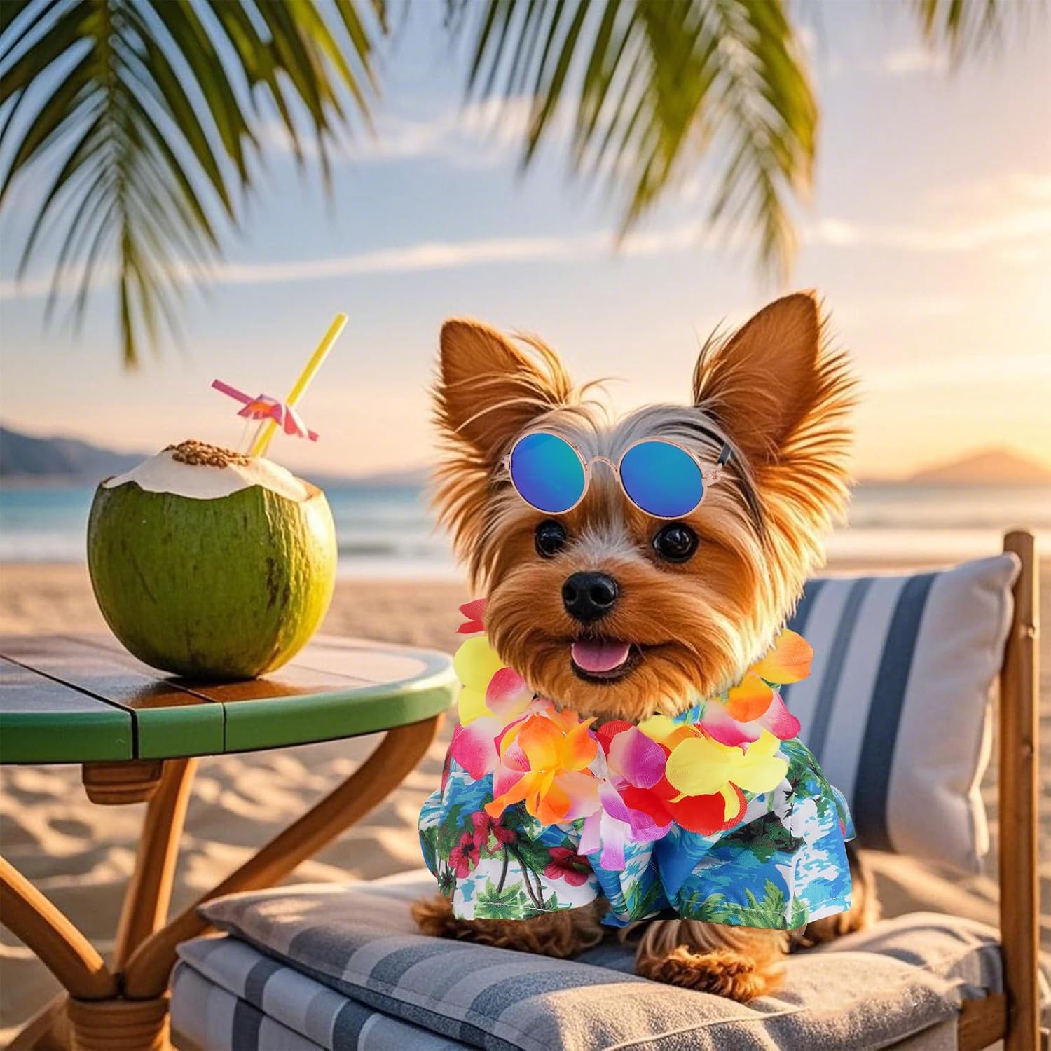 3 Pieces Pet Hawaiian Costume Summer Shirts Sunglasses and Wreath for Small to Medium Dog Cat