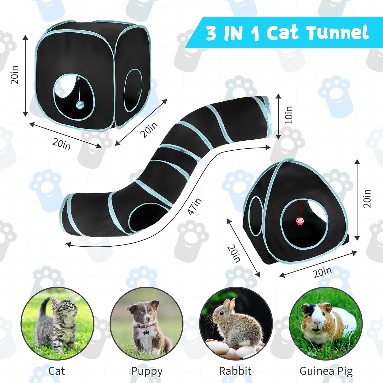 Rypet Cat Tunnels for Indoor Cats with Cube Tent, Interactive Collapsible Cat Tube and Foldable Cubes Playground for Hiding Hunting and Resting, Pet Tube with Bell for Kitten, Rabbit, Puppy, Ferret