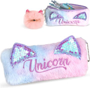 Cute Pencil Case for Girls - Back to School Stuff Zipper Pencil Case Aesthetic, Soft Plush Pen Bag for Students, Glitter Bling Study Supplies Stationery, Sparkly Cat Ear Sequin Makeup Bag