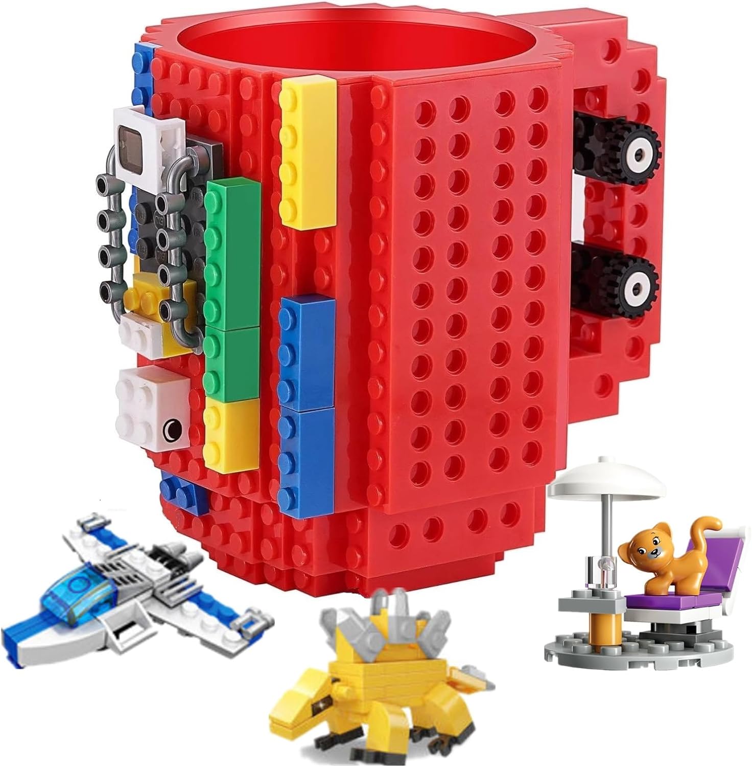 Build on Brick Coffee Mugs,Creative DIY Kids Party Cups with Building Blocks,Fun Novelty Gifts for Kids Childhood Adults Office Birthday Xmas,Red