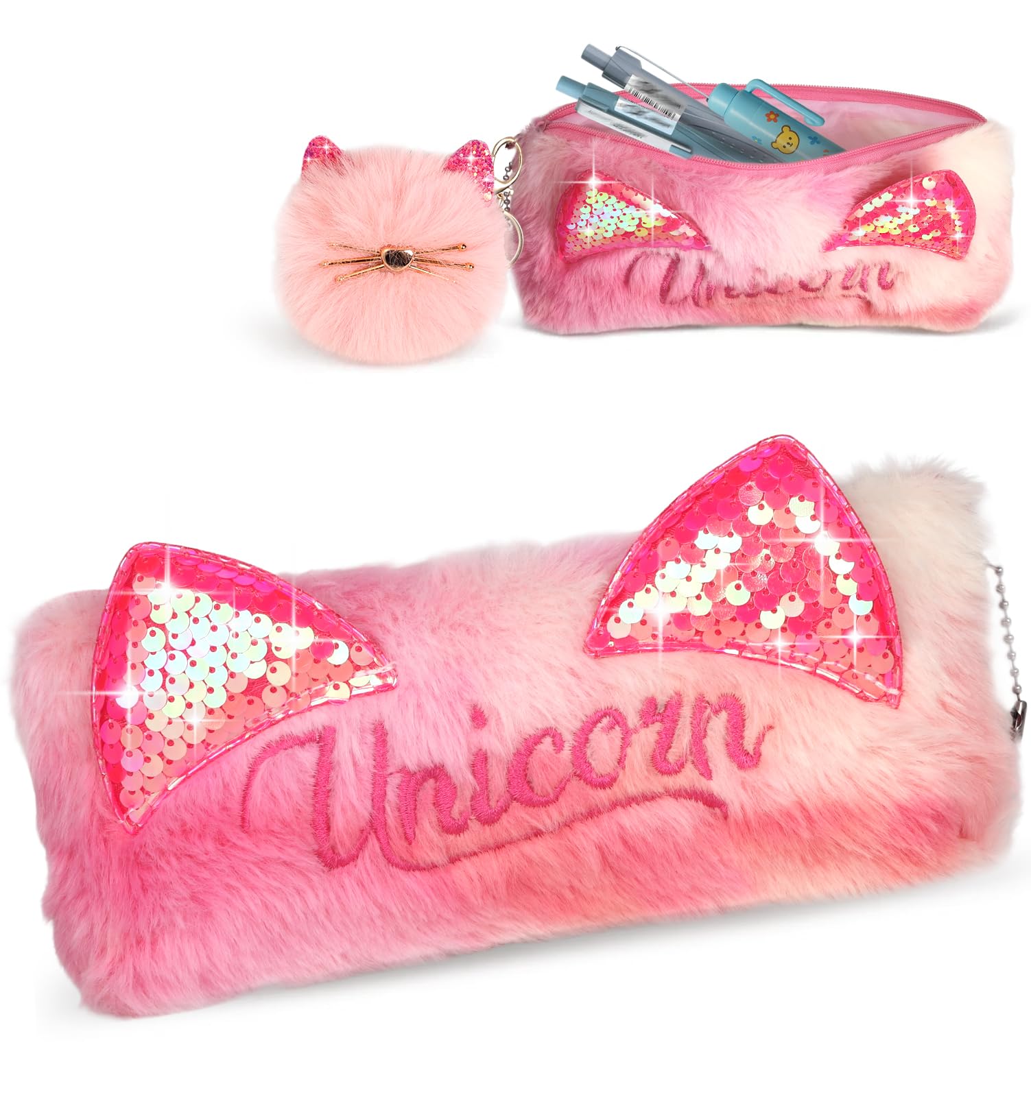 Cute Pencil Case for Girls - Back to School Stuff Zipper Pencil Case Aesthetic, Soft Plush Pen Bag for Students, Glitter Bling Study Supplies Stationery, Sparkly Cat Ear Sequin Makeup Bag