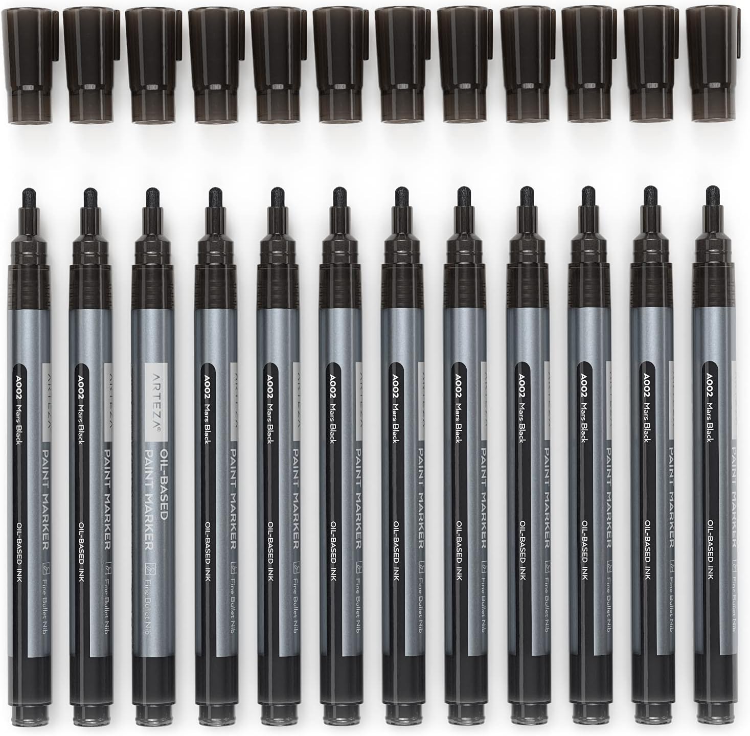 ARTEZA Oil Based Paint Markers, 12-Pack Black, 1.3 mm Permanent Pens, Waterproof Craft and Art Supplies for Stone, Wood, Glass, Metal, Canvas, Paper