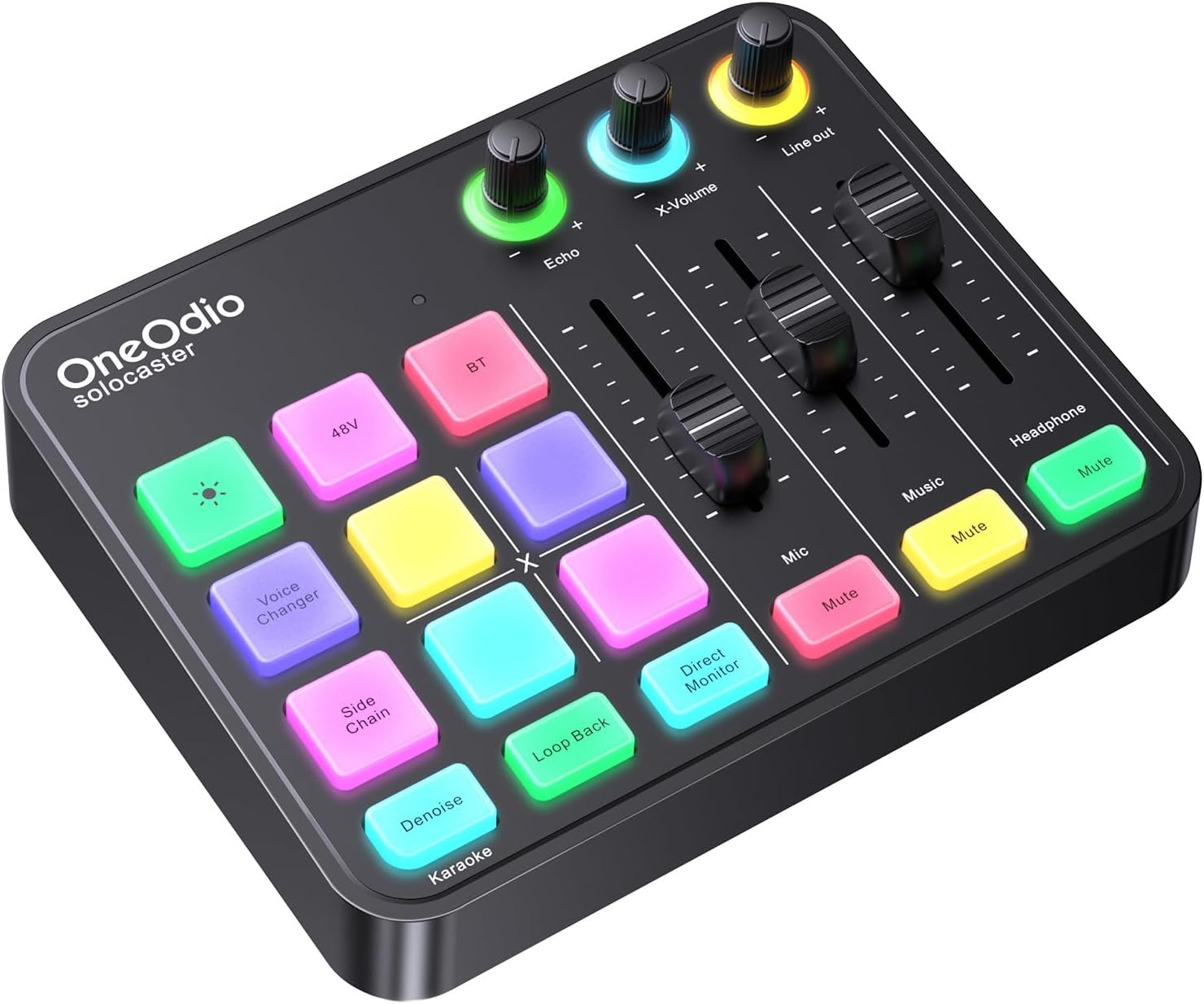 OneOdio Solocaster Gaming Audio Mixer - 5 Channel Interface with 48V Phantom Power, Bluetooth, RGB Lighting, 3.5mm/XLR/USB C, for Streaming/Podcast/Karaoke on PC, Mac, Mobile