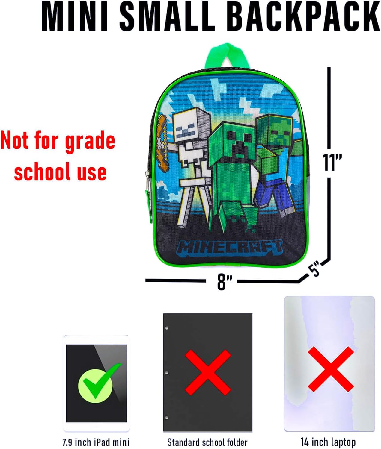 Minecraft Mini Backpack for Boys - Bundle with 11" Backpack for School Plus Stickers, Water Bottle, More | Small Backpack for Kids