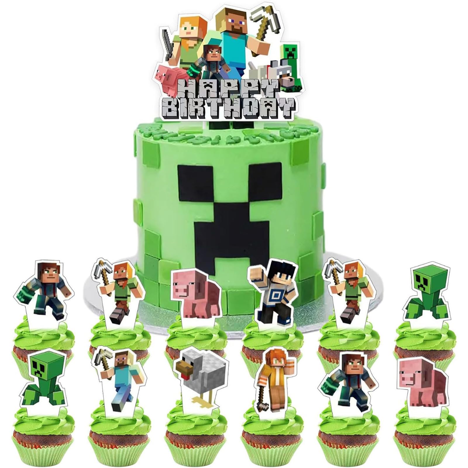 25 Pcs Pixel Styled Gamer Cake Decorations, Happy Birthday Cake Topper, Party Supplies for Boys & Girls