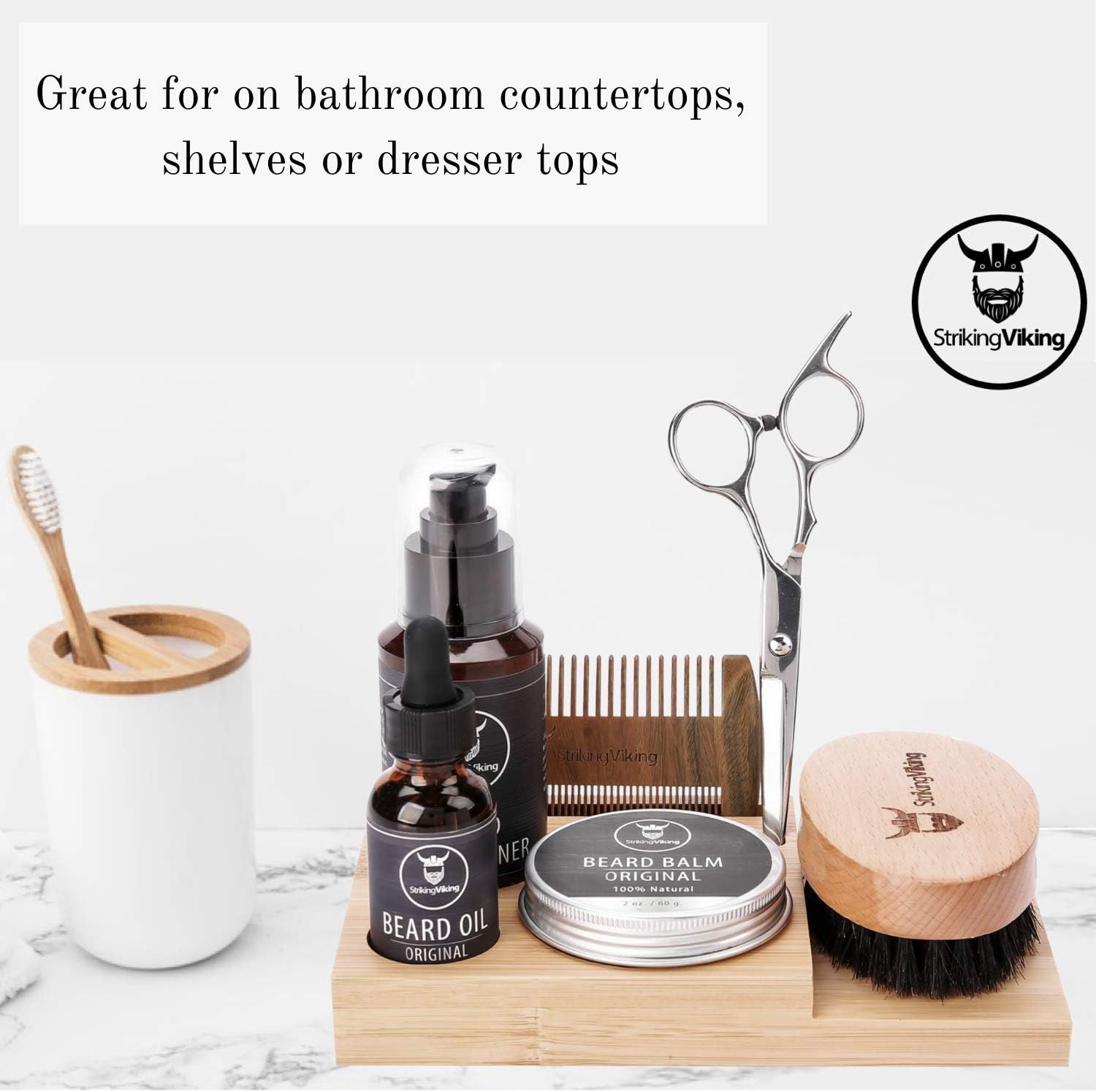 Striking Viking Bamboo Beard Kit Organizer - 7.3 in x 4.5 in x 1 in - Beard Care Caddy for Oil & Balm - Comb Brush Holder - Portable Grooming Caddy Organizer
