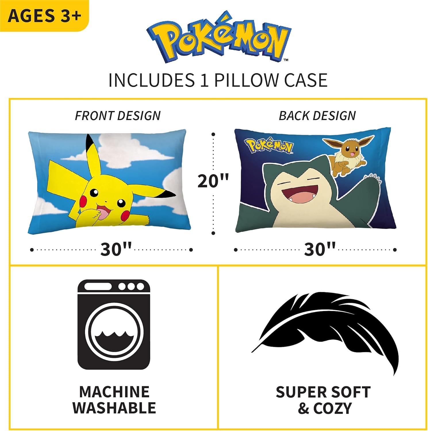 Franco Kids Bedding Super Soft Microfiber Reversible Pillowcase, 20 in x 30 in, Pokemon
