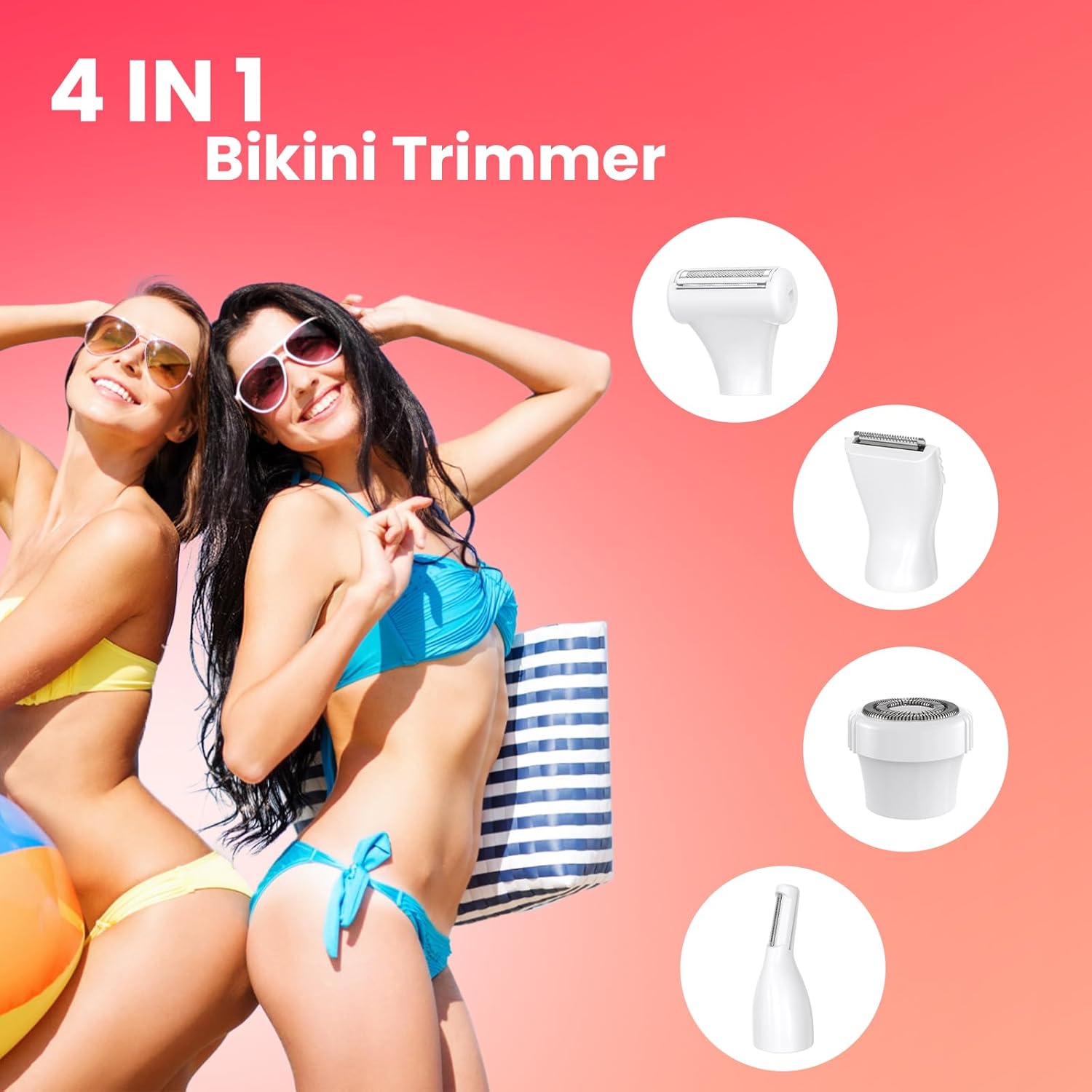 Bikini Trimmer for Women, 4-in-1 Waterproof Lady's Electric Razor Shaver and Facial Hair Removal, Cordless Rechargeable Body Hair Trimmer Grooming Sets for Leg, Armpit, Face, Eyebrow (White)