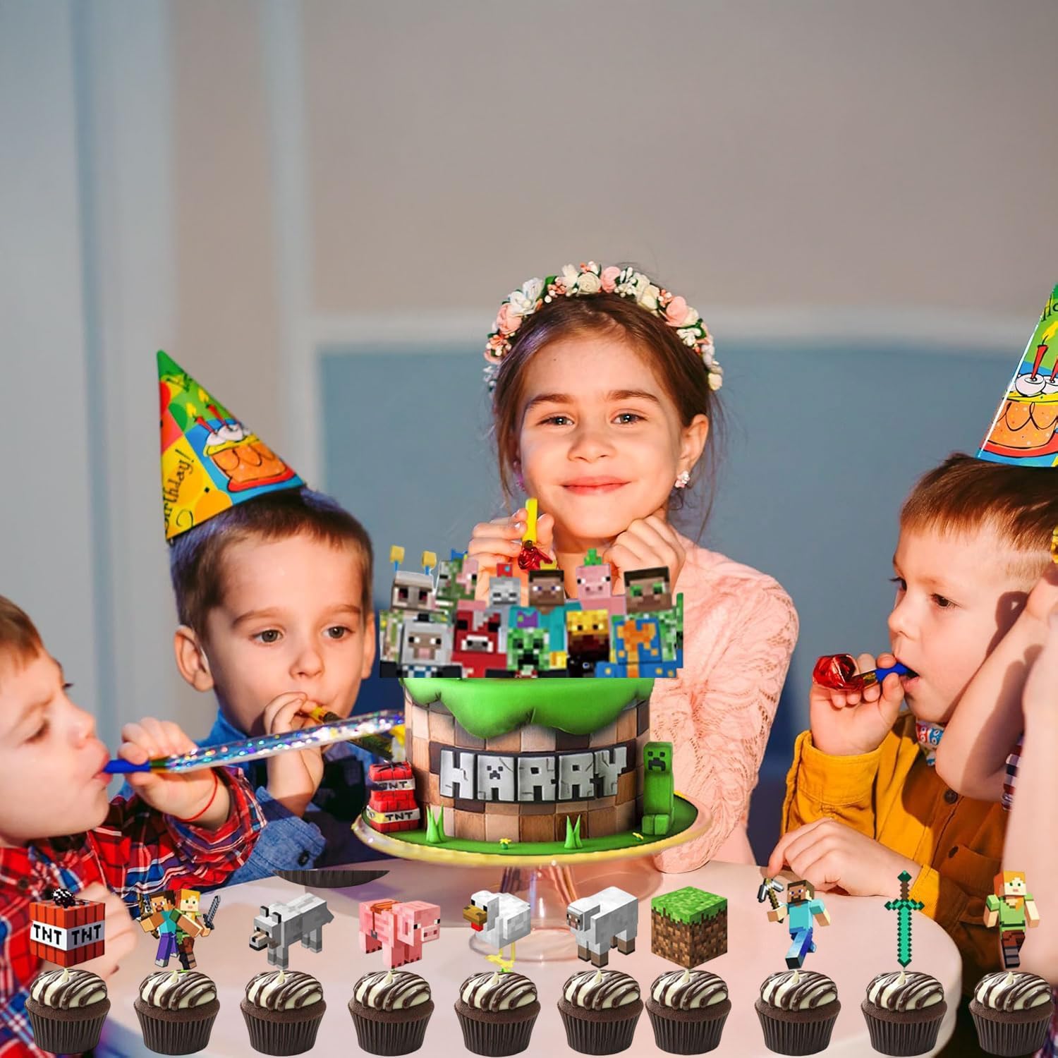 25 Pcs Pixel Styled Gamer Cake Decorations, Happy Birthday Cake Topper, Party Supplies for Boys & Girls