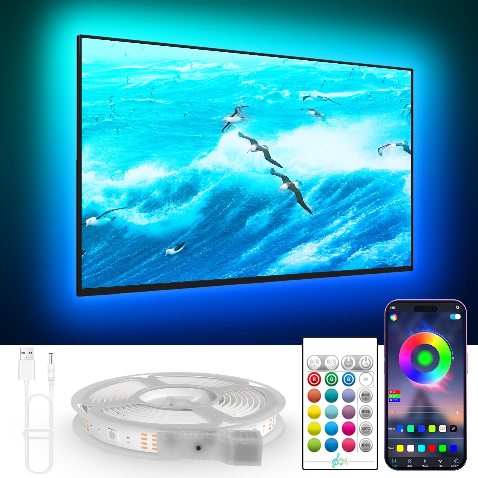 TV LED Lights, 11.5ft LED Lights for 32-55 Inch TV, RGB TV Backlight Behind with Remote, Music Sync Bluetooth APP Control Strip Lights USB Powered for Bedroom, PC, Gaming Monitor