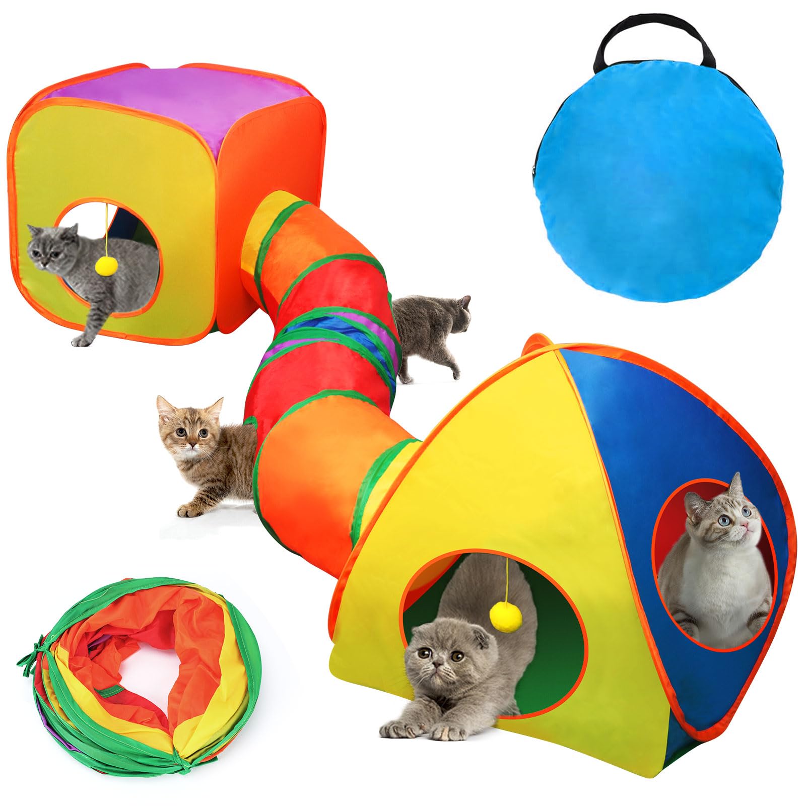 Rypet Cat Tunnels for Indoor Cats with Cube Tent, Interactive Collapsible Cat Tube and Foldable Cubes Playground for Hiding Hunting and Resting, Pet Tube with Bell for Kitten, Rabbit, Puppy, Ferret