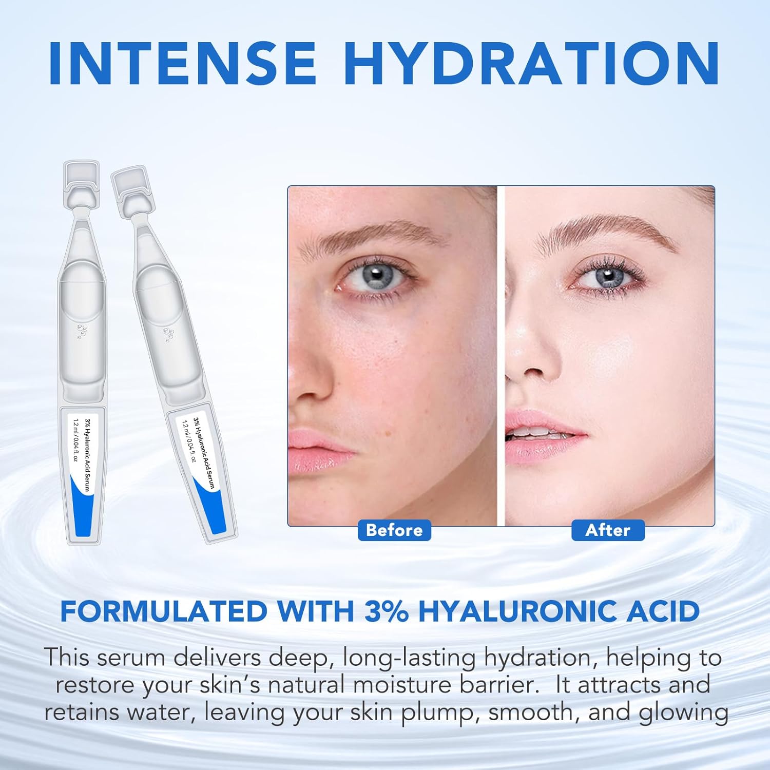 3% Hyaluronic Acid Serum for Face Ultra-Hydrating Vials Skin Care Tightes Skin, Non-greasy Formula, Absorbs Quickly, 30PCS 36ml