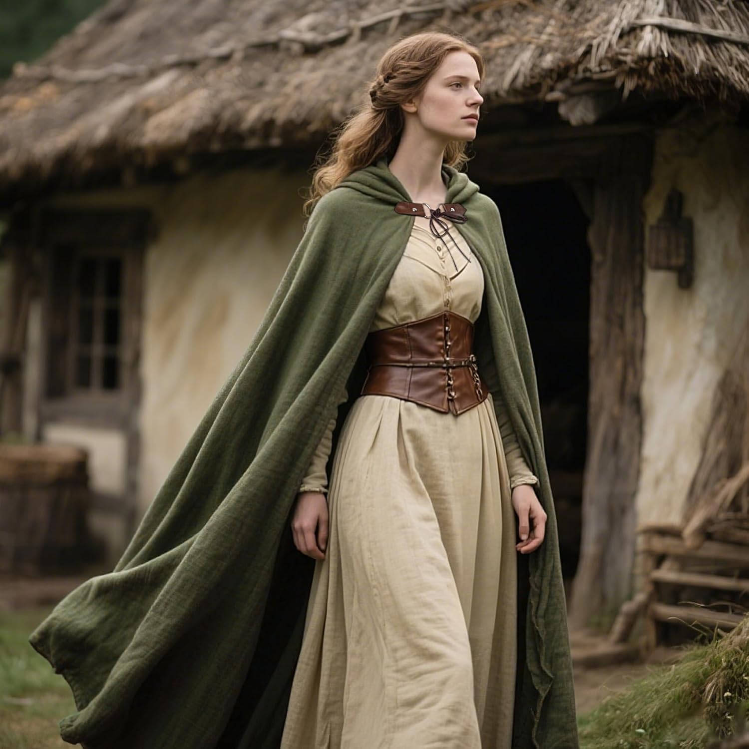 L'VOW Medieval Hooded Cloak Linen Renaissance Cape with Hood - Halloween Hobbit Cosplay Witch Wizard LARP