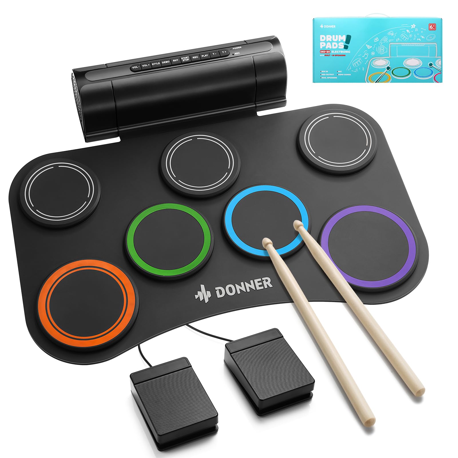Donner Electronic Drum Set, 7 Pads Electric Drum Pad Roll Up Quiet Drum Pad Built-in Speaker, 40 Drum Lessons Included, Kids Holiday Christmas & Birthday Gift Instrument Toys(DED-20)