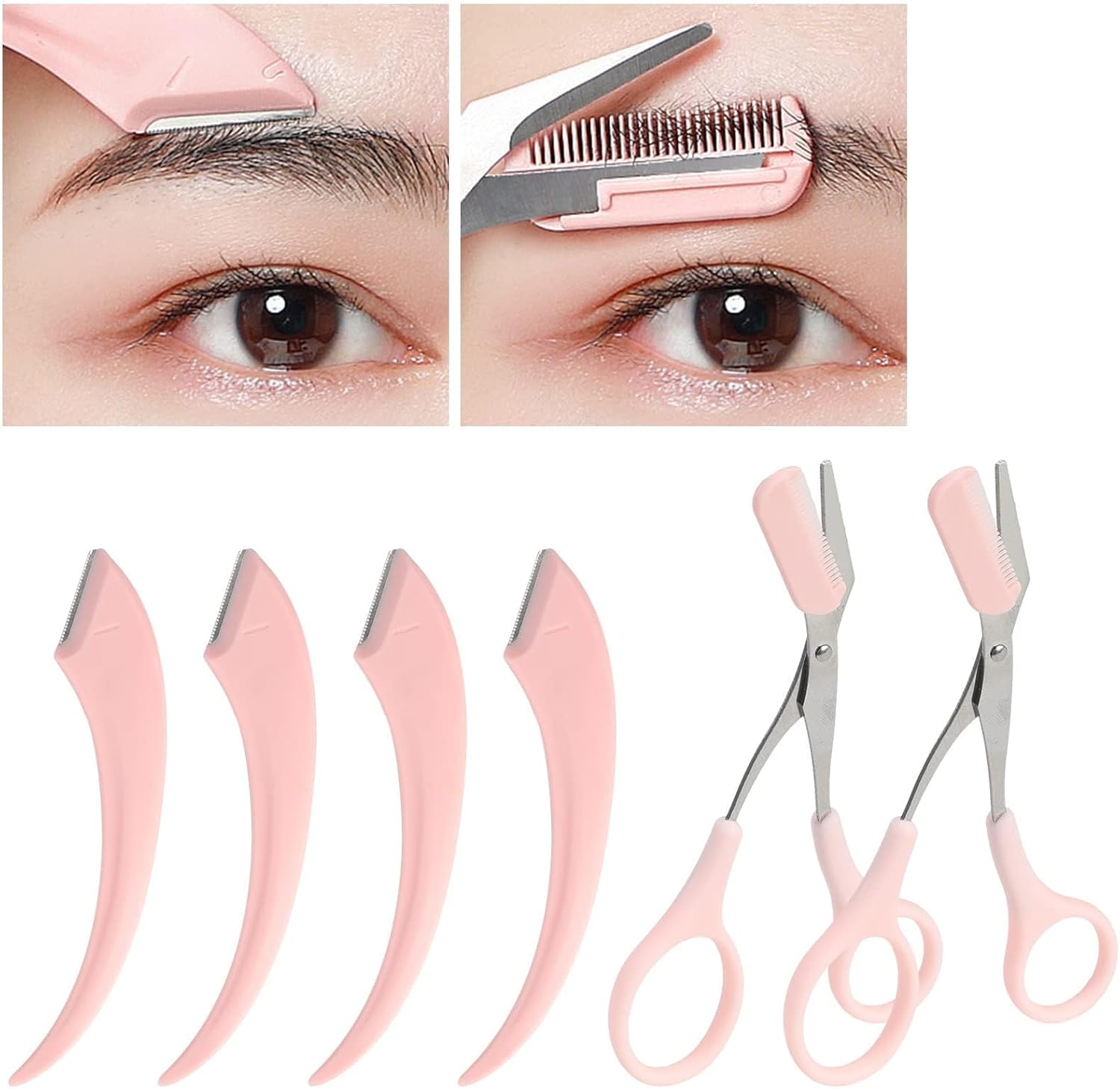 6 Pcs Eyebrow Trimmer Scissors with Comb, Curved Eye Brow Razor, Non-Slip Stainless Steel Facial Hair Removal Grooming, Brow Shaping Beard Shaving Kit Beauty Accessories for Women Men