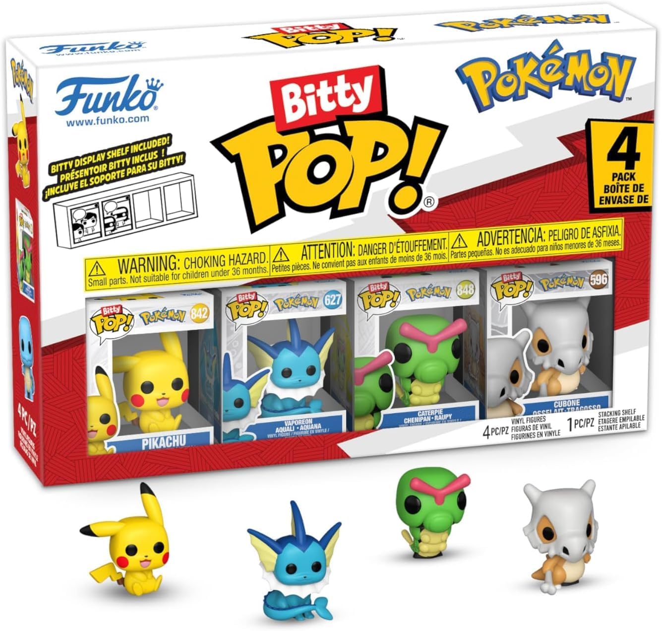 Funko Pop! Bitty: Pokemon - Pikachu, Vaporeon, Caterpie, and Cubone - 0.9 Inch (2.2 Cm) Collectable - Stackable Display Shelf Included - Gift Idea - Party Bags Stocking