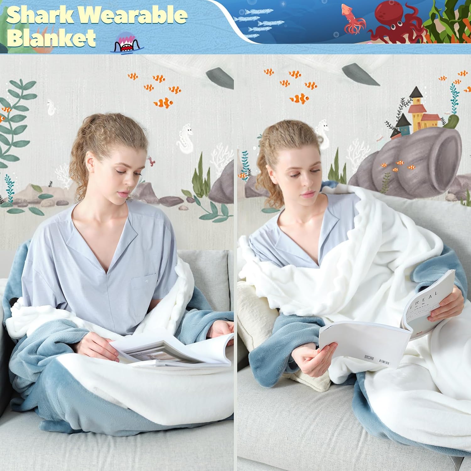 Touchat Shark Blanket for Adult & Kids Super Soft Cozy Flannel Throw Wearable Blanket, Cartoon Animals Shark Onesie Hoodie, Sleeping Bag Cosplay Shark Costume Blanket Gifts for Shark Lovers (Blue,M)
