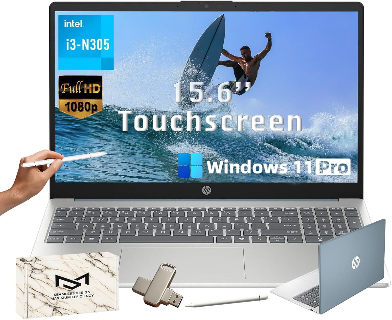 HP 15.6 Touchscreen Laptop Computer - Windows 11Pro, AI Copilot, 16GB RAM + 1TB SSD, 15.6'' FHD Anti-Glare Touchscreen (1920 x 1080), Intel 8 Core i3-N305, Intel UHD Graphics, WiFi-6, Moonlight Blue